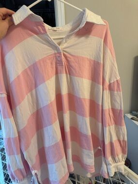 Pink & White Striped Rugby Polo Top